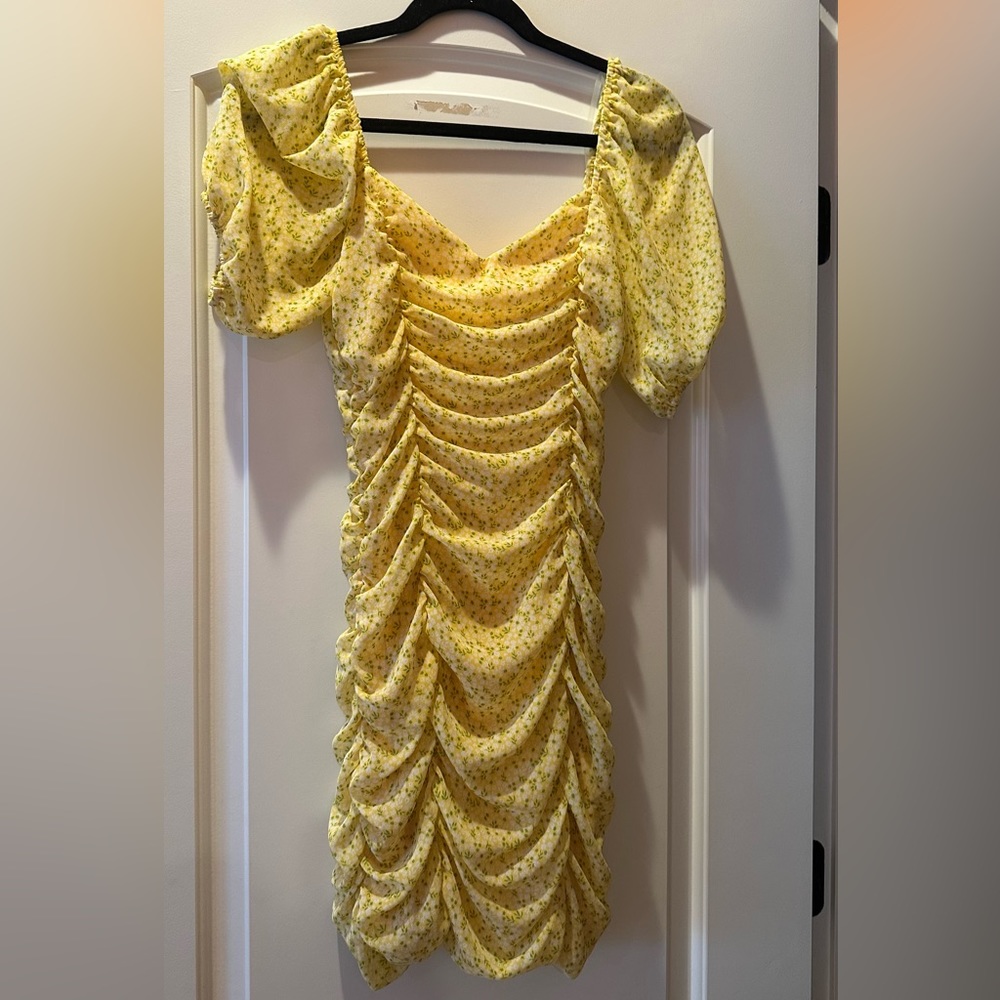 Yellow Floral Puff Sleeve Ruched Dress